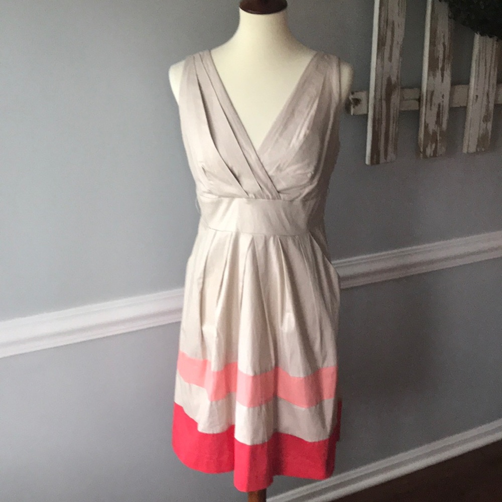 Beige V-Neck Midi Dress With Pink/Coral